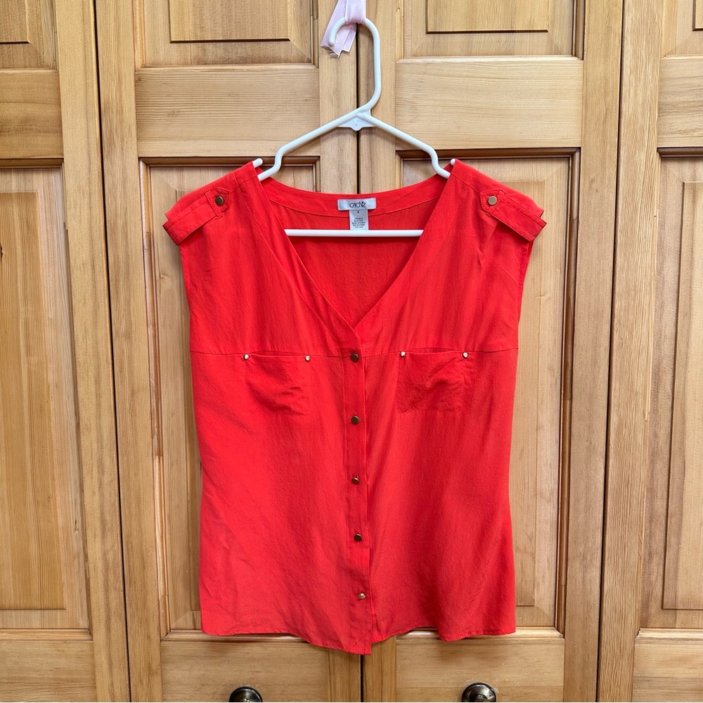 Cache Red Orange Silk Sleeveless Blouse Gold Button Detail Size S #6